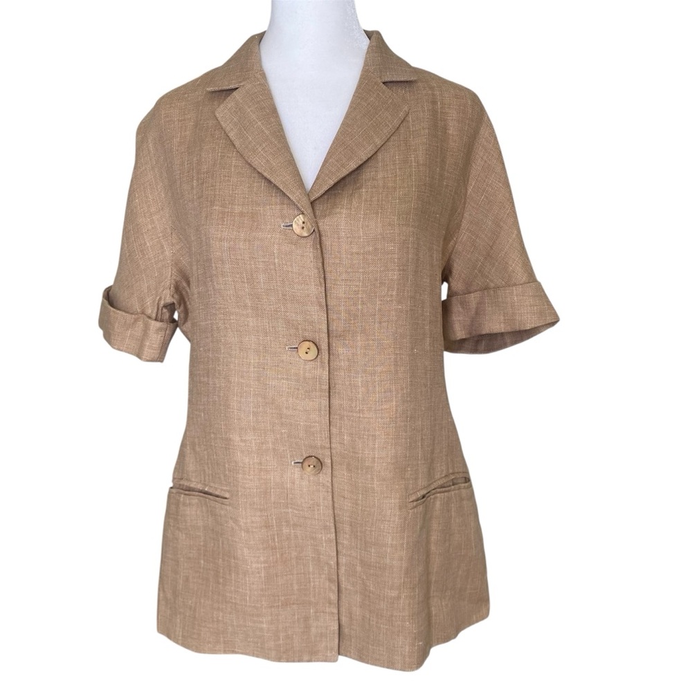 Old Money, Quiet Luxury Linen Short Sleeve Button-Down Blazer Top Pockets Tan 8